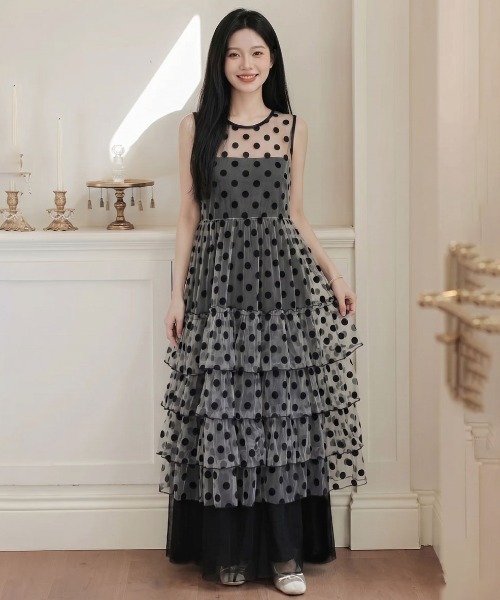 gossip!ロサンゼルス(ゴシップロサンゼルス)の「ドットシースルーチュールノースリーブティアードロングレイヤードチュニック レディース(ワンピース・レディース・ドット・M)」の4枚目の写真
