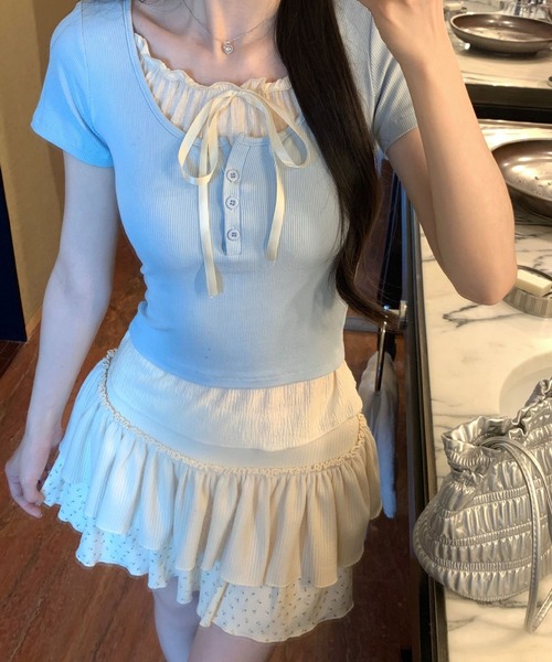Nia(ニア)の「Nia(ニア)/リボン付きレイヤード風トップス(Tシャツ/カットソー・レディース・グレー/ピンク/ブルー・MEDIUM)」の2枚目の写真