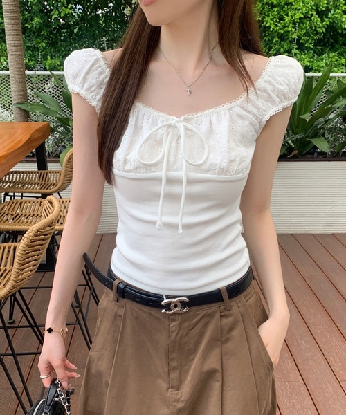 Girly Doll(ガーリードール)の「フロントリボンコットンレース切り替えカットソー(シャツ/ブラウス・レディース・ブルー/ホワイト・FREE)」の3枚目の写真