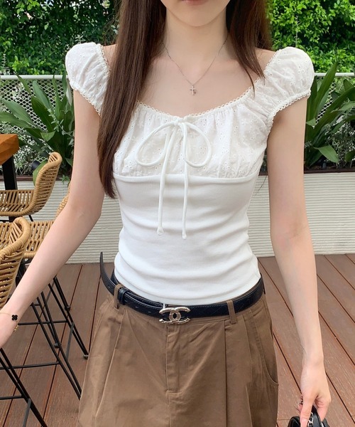 Girly Doll(ガーリードール)の「フロントリボンコットンレース切り替えカットソー(シャツ/ブラウス・レディース・ブルー/ホワイト・FREE)」の4枚目の写真