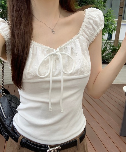 Girly Doll(ガーリードール)の「フロントリボンコットンレース切り替えカットソー(シャツ/ブラウス・レディース・ブルー/ホワイト・FREE)」の5枚目の写真