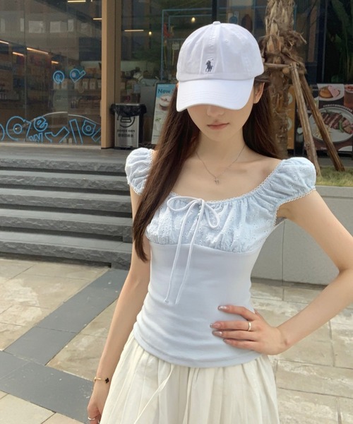 Girly Doll(ガーリードール)の「フロントリボンコットンレース切り替えカットソー(シャツ/ブラウス・レディース・ブルー/ホワイト・FREE)」の9枚目の写真