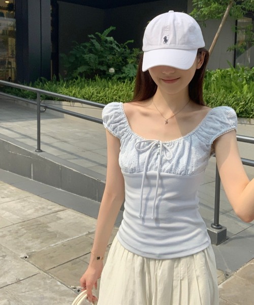 Girly Doll(ガーリードール)の「フロントリボンコットンレース切り替えカットソー(シャツ/ブラウス・レディース・ブルー/ホワイト・FREE)」の14枚目の写真