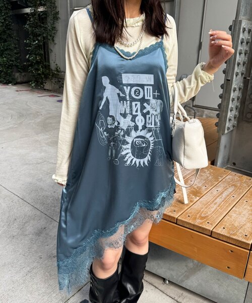 CIAOPANIC(チャオパニック)の「サテンプリントアシメキャミワンピース(チュニック・レディース・ピンク/ブラウン/ブルー・ONE SIZE)」の12枚目の写真