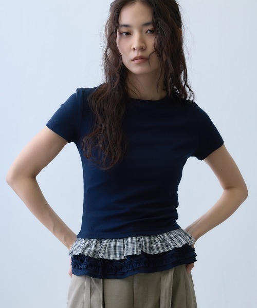 Clum(クルム)の「check frill layered T-shirt / チェックフリルレイヤードTシャツ(Tシャツ/カットソー・レディース・ネイビー・MEDIUM/SMALL)」の1枚目の写真