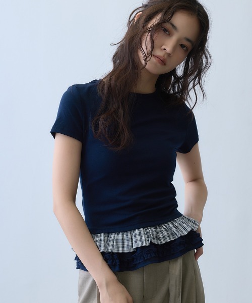 Clum(クルム)の「check frill layered T-shirt / チェックフリルレイヤードTシャツ(Tシャツ/カットソー・レディース・ネイビー・MEDIUM/SMALL)」の15枚目の写真