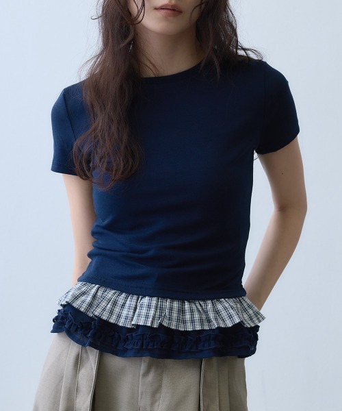 Clum(クルム)の「check frill layered T-shirt / チェックフリルレイヤードTシャツ(Tシャツ/カットソー・レディース・ネイビー・MEDIUM/SMALL)」の13枚目の写真