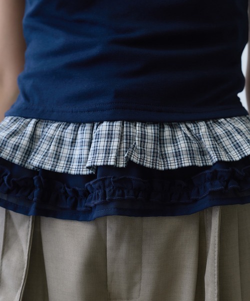 Clum(クルム)の「check frill layered T-shirt / チェックフリルレイヤードTシャツ(Tシャツ/カットソー・レディース・ネイビー・MEDIUM/SMALL)」の9枚目の写真