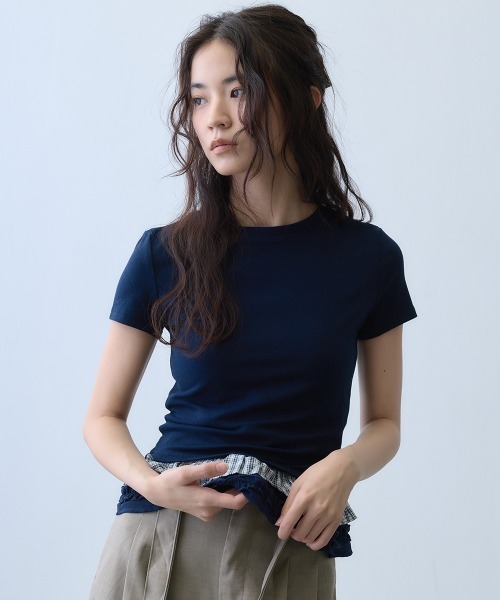 Clum(クルム)の「check frill layered T-shirt / チェックフリルレイヤードTシャツ(Tシャツ/カットソー・レディース・ネイビー・MEDIUM/SMALL)」の8枚目の写真