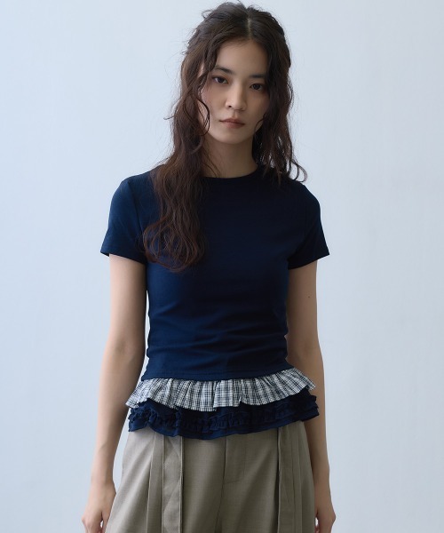Clum(クルム)の「check frill layered T-shirt / チェックフリルレイヤードTシャツ(Tシャツ/カットソー・レディース・ネイビー・MEDIUM/SMALL)」の7枚目の写真