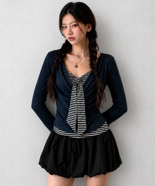 AsRiRe（アスリレイ）の「26aw 【ネクタイ風デザイン】ボーダーレイヤードギャザー長袖トップス（Tシャツ/カットソー・レディース・グレー/ネイビー/ブラック/ホワイト・M）」の5枚目の写真
