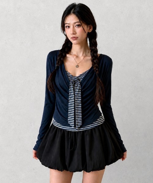 AsRiRe（アスリレイ）の「26aw 【ネクタイ風デザイン】ボーダーレイヤードギャザー長袖トップス（Tシャツ/カットソー・レディース・グレー/ネイビー/ブラック/ホワイト・M）」の6枚目の写真