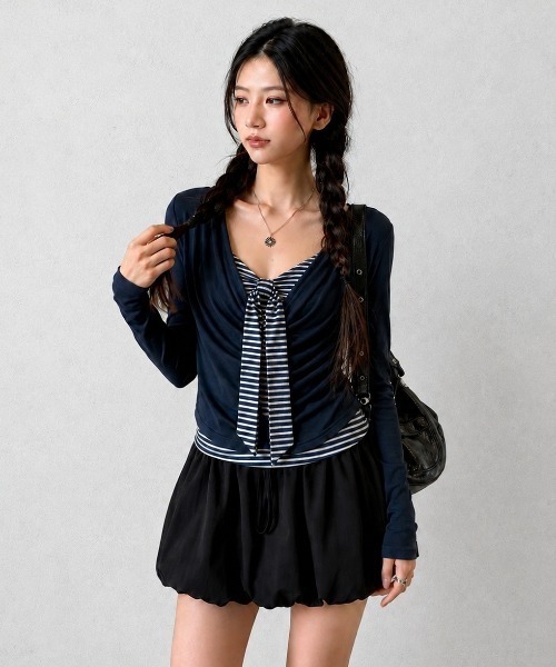 AsRiRe（アスリレイ）の「26aw 【ネクタイ風デザイン】ボーダーレイヤードギャザー長袖トップス（Tシャツ/カットソー・レディース・グレー/ネイビー/ブラック/ホワイト・M）」の7枚目の写真