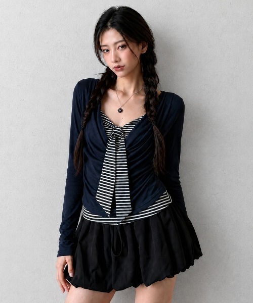 AsRiRe（アスリレイ）の「26aw 【ネクタイ風デザイン】ボーダーレイヤードギャザー長袖トップス（Tシャツ/カットソー・レディース・グレー/ネイビー/ブラック/ホワイト・M）」の11枚目の写真