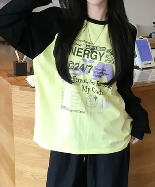 VIVID LADY(ビビッドレディー)の「配色ラグラン グラフィックプリントロンT(Tシャツ/カットソー・レディース・ブラック/ミント/ブルー/イエロー・FREE)」の1枚目の写真