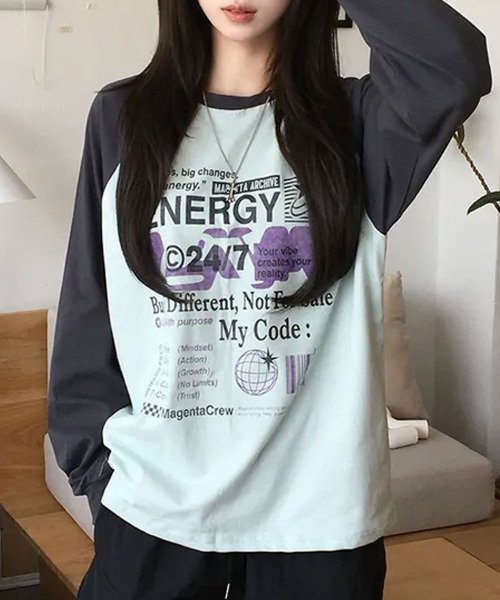 VIVID LADY(ビビッドレディー)の「配色ラグラン グラフィックプリントロンT(Tシャツ/カットソー・レディース・ブラック/ミント/ブルー/イエロー・FREE)」の3枚目の写真