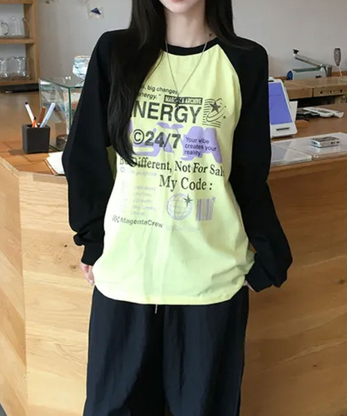 VIVID LADY(ビビッドレディー)の「配色ラグラン グラフィックプリントロンT(Tシャツ/カットソー・レディース・ブラック/ミント/ブルー/イエロー・FREE)」の14枚目の写真