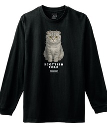 Moftique(モフティック) 長袖Tシャツ スコティッシュフォールド 猫 キャット ペット アニマル プリント 袖リブ ロンT トップス レディース