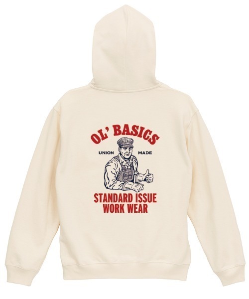Ol' Basics(オールベーシックス)の「Ol' Basics(オール・ベーシックス) プルパーカー スウェット ワーカーイラスト バックプリント 裏毛 トップス レディース ユニセックス(パーカー・レディース・ナチュラル/サックスブルー/アッシュ/ブラック・S)」の3枚目の写真