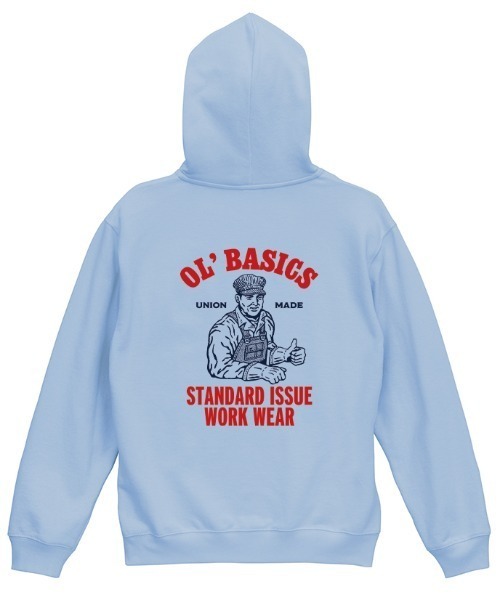 Ol' Basics(オールベーシックス)の「Ol' Basics(オール・ベーシックス) プルパーカー スウェット ワーカーイラスト バックプリント 裏毛 トップス レディース ユニセックス(パーカー・レディース・ナチュラル/サックスブルー/アッシュ/ブラック・S)」の4枚目の写真