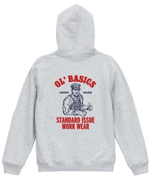 Ol' Basics(オールベーシックス)の「Ol' Basics(オール・ベーシックス) プルパーカー スウェット ワーカーイラスト バックプリント 裏毛 トップス レディース ユニセックス(パーカー・レディース・ナチュラル/サックスブルー/アッシュ/ブラック・S)」の1枚目の写真