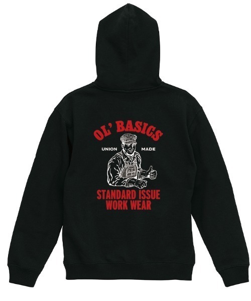Ol' Basics(オールベーシックス)の「Ol' Basics(オール・ベーシックス) プルパーカー スウェット ワーカーイラスト バックプリント 裏毛 トップス レディース ユニセックス(パーカー・レディース・ナチュラル/サックスブルー/アッシュ/ブラック・S)」の2枚目の写真