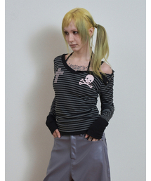 SKULL LOGO STRIPE Vネックトップ / ブラック