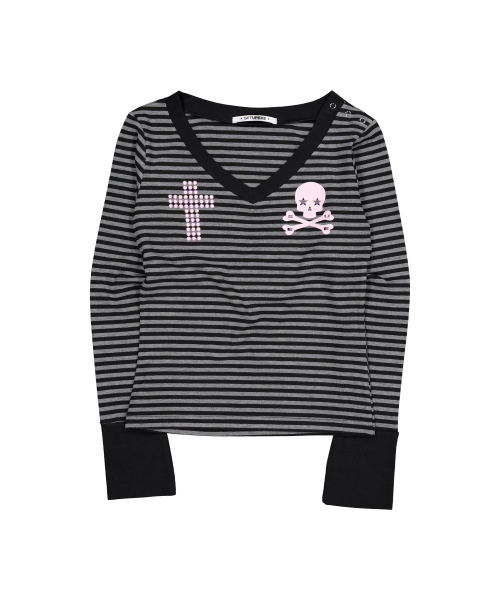 SETUP-EXE（セットアップイーエックスイー）の「SKULL LOGO STRIPE Vネックトップ / ブラック（Tシャツ/カットソー・レディース・その他・OS）」の5枚目の写真