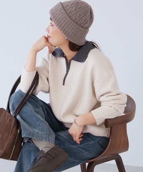 reca（レカ）の「配色ポロ襟スキッパーニット（ニット/セーター・レディース・オートミール/ブラック/グレイッシュベージュ・FREE）」の2枚目の写真
