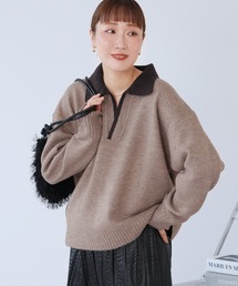 配色ポロ襟スキッパーニット