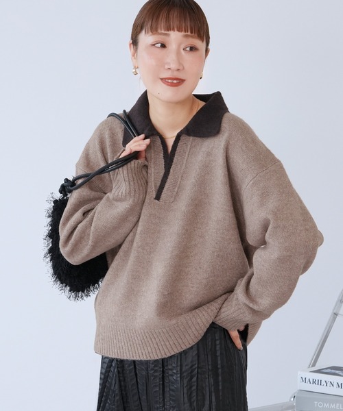 reca（レカ）の「配色ポロ襟スキッパーニット（ニット/セーター・レディース・オートミール/ブラック/グレイッシュベージュ・FREE）」の3枚目の写真
