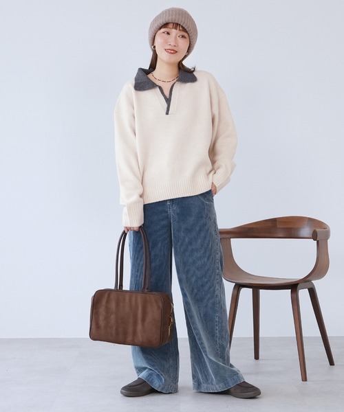 reca（レカ）の「配色ポロ襟スキッパーニット（ニット/セーター・レディース・オートミール/ブラック/グレイッシュベージュ・FREE）」の12枚目の写真