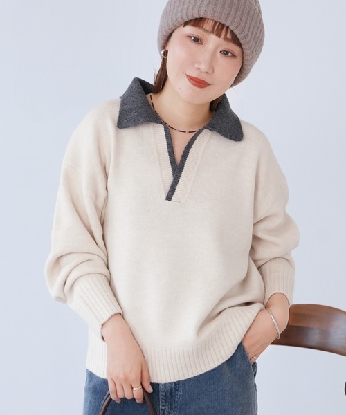 reca（レカ）の「配色ポロ襟スキッパーニット（ニット/セーター・レディース・オートミール/ブラック/グレイッシュベージュ・FREE）」の10枚目の写真