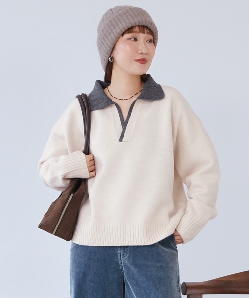 reca（レカ）の「配色ポロ襟スキッパーニット（ニット/セーター・レディース・オートミール/ブラック/グレイッシュベージュ・FREE）」の11枚目の写真