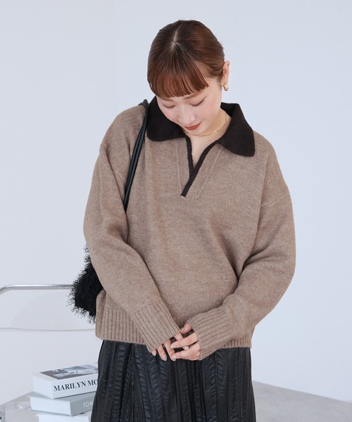 reca（レカ）の「配色ポロ襟スキッパーニット（ニット/セーター・レディース・オートミール/ブラック/グレイッシュベージュ・FREE）」の13枚目の写真