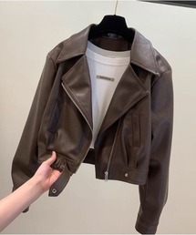 裾ベルトレザータッチライダースジャケット