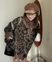 クルーネックヒョウ柄ニットカーディガン
