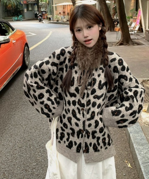Aelina(エリナ)の「クルーネックヒョウ柄ニットカーディガン(カーディガン/ボレロ・レディース・ブラウン/ベージュ・FREE)」の5枚目の写真