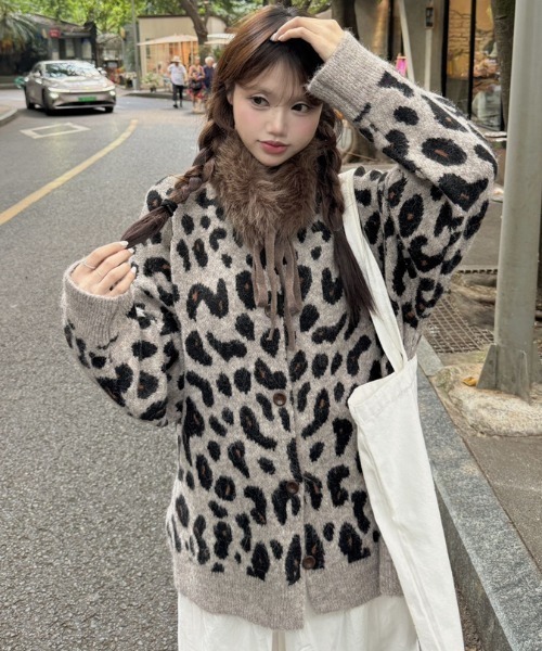 Aelina(エリナ)の「クルーネックヒョウ柄ニットカーディガン(カーディガン/ボレロ・レディース・ブラウン/ベージュ・FREE)」の4枚目の写真