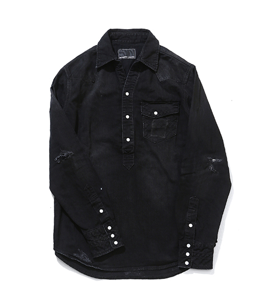 NUMBER (N)INE(ナンバーナイン)の「PULLOVER WESTERN SHIRTS_DENIM(DAMAGE_NOTE)(シャツ/ブラウス・メンズ・ブラック×ブラック/ブルー・4/3/2)」の1枚目の写真