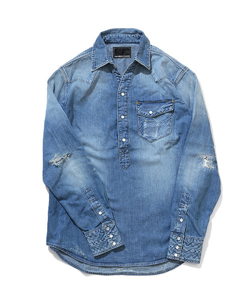 NUMBER (N)INE(ナンバーナイン)の「PULLOVER WESTERN SHIRTS_DENIM(DAMAGE_NOTE)(シャツ/ブラウス・メンズ・ブラック×ブラック/ブルー・4/3/2)」の2枚目の写真