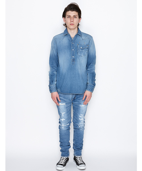 NUMBER (N)INE(ナンバーナイン)の「PULLOVER WESTERN SHIRTS_DENIM(DAMAGE_NOTE)(シャツ/ブラウス・メンズ・ブラック×ブラック/ブルー・4/3/2)」の19枚目の写真