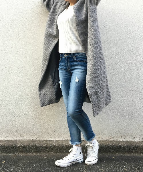 meJane（ミージェーン）の「ストレッチデニム裾フリンジスキニーパンツ（デニムパンツ・レディース・インディゴブルー/ブルー/ダークネイビー・L/SS/M/S/P）」の4枚目の写真