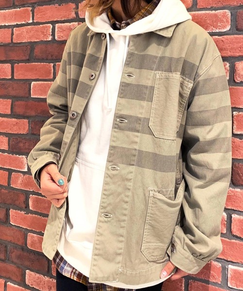 GREEN BOWL(グリーンボウル)の「GREEN BOWL Border Print Coverall/グリーンボウルボーダープリントカバーオール(カバーオール)」|ライトカーキ