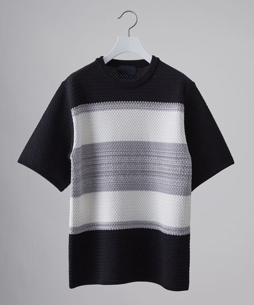 STUDIOUS（ステュディオス）の「バスケットボーダーニットTシャツ （ニット/セーター・メンズ・ブラック/グリーン・2/1）」の2枚目の写真