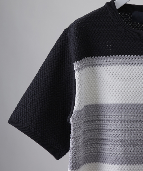 STUDIOUS（ステュディオス）の「バスケットボーダーニットTシャツ （ニット/セーター・メンズ・ブラック/グリーン・2/1）」の4枚目の写真