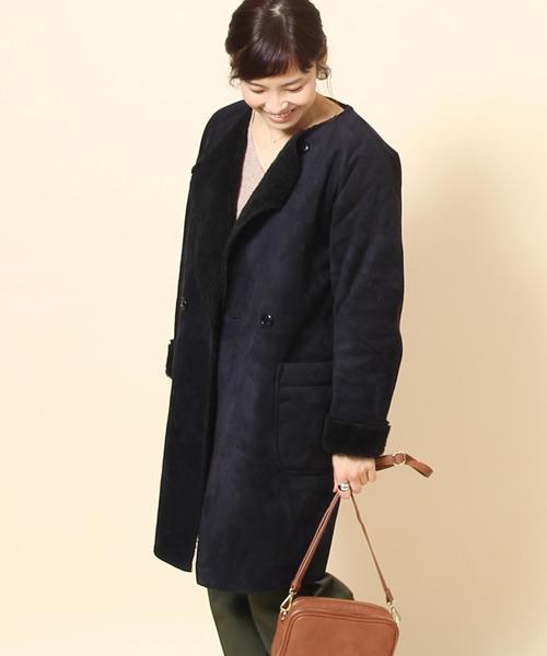 coen（コーエン）の「フェイクムートンノーカラーコート§（ムートンコート・レディース・ネイビー/グレー/ベージュ・LARGE/MEDIUM）」の3枚目の写真