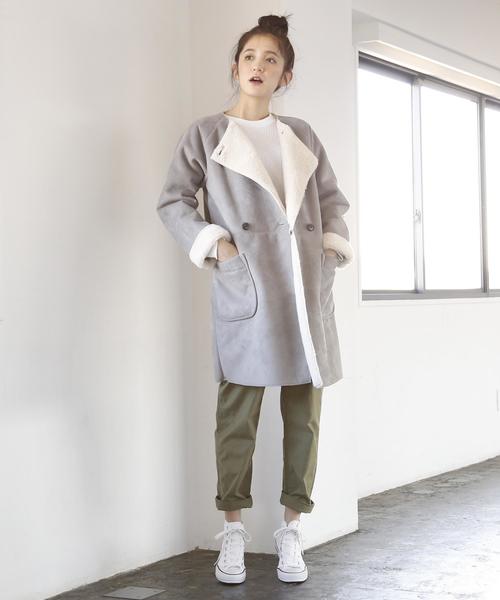 coen（コーエン）の「フェイクムートンノーカラーコート§（ムートンコート・レディース・ネイビー/グレー/ベージュ・LARGE/MEDIUM）」の7枚目の写真