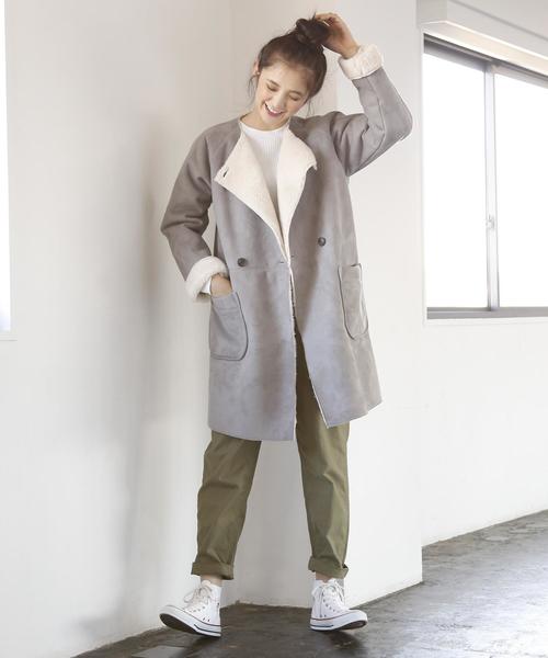 coen（コーエン）の「フェイクムートンノーカラーコート§（ムートンコート・レディース・ネイビー/グレー/ベージュ・LARGE/MEDIUM）」の9枚目の写真