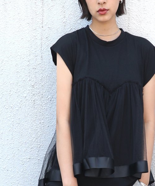 classicalelf（クラシカルエルフ）の「リボンテープ×チュールレースのカットソー（Tシャツ/カットソー・レディース・ブラック/ベージュ/モカ・MEDIUM/LARGE/X-LARGE）」の2枚目の写真